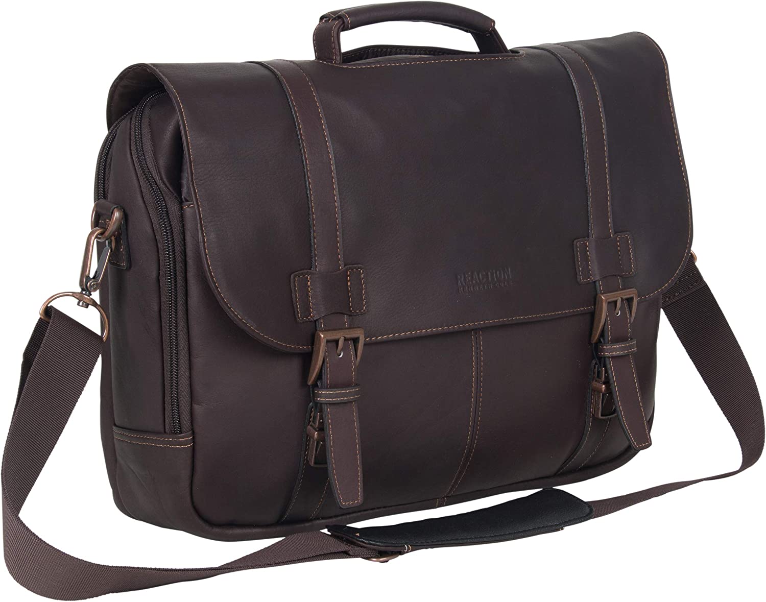 Kenneth Cole Reaction Show Business Full-Grain Colombian Leather Dual Compartment Flapover 15.6-inch Laptop Business Portfolio, Cognac - Image 1